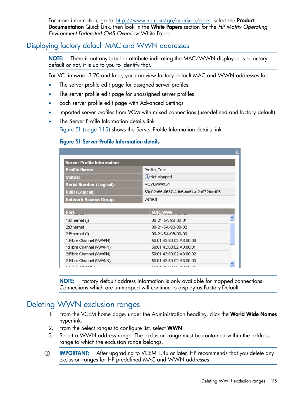 Displaying factory default mac and wwn addresses, Deleting wwn exclusion ranges | HP Virtual Connect Enterprise Manager Software User Manual | Page 115 / 159