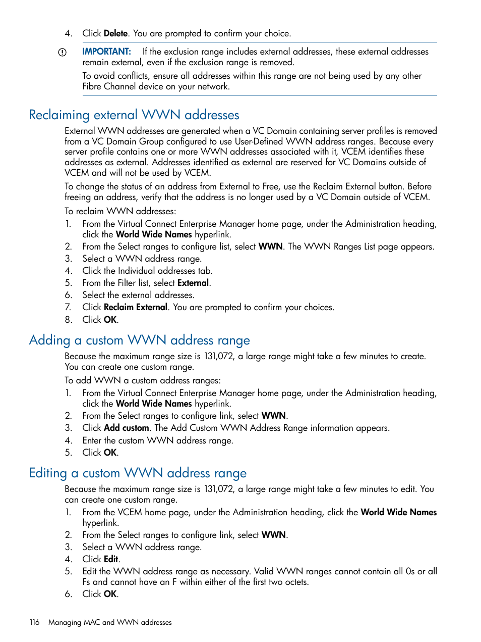 Reclaiming external wwn addresses, Adding a custom wwn address range, Editing a custom wwn address range | HP Virtual Connect Enterprise Manager Software User Manual | Page 116 / 159