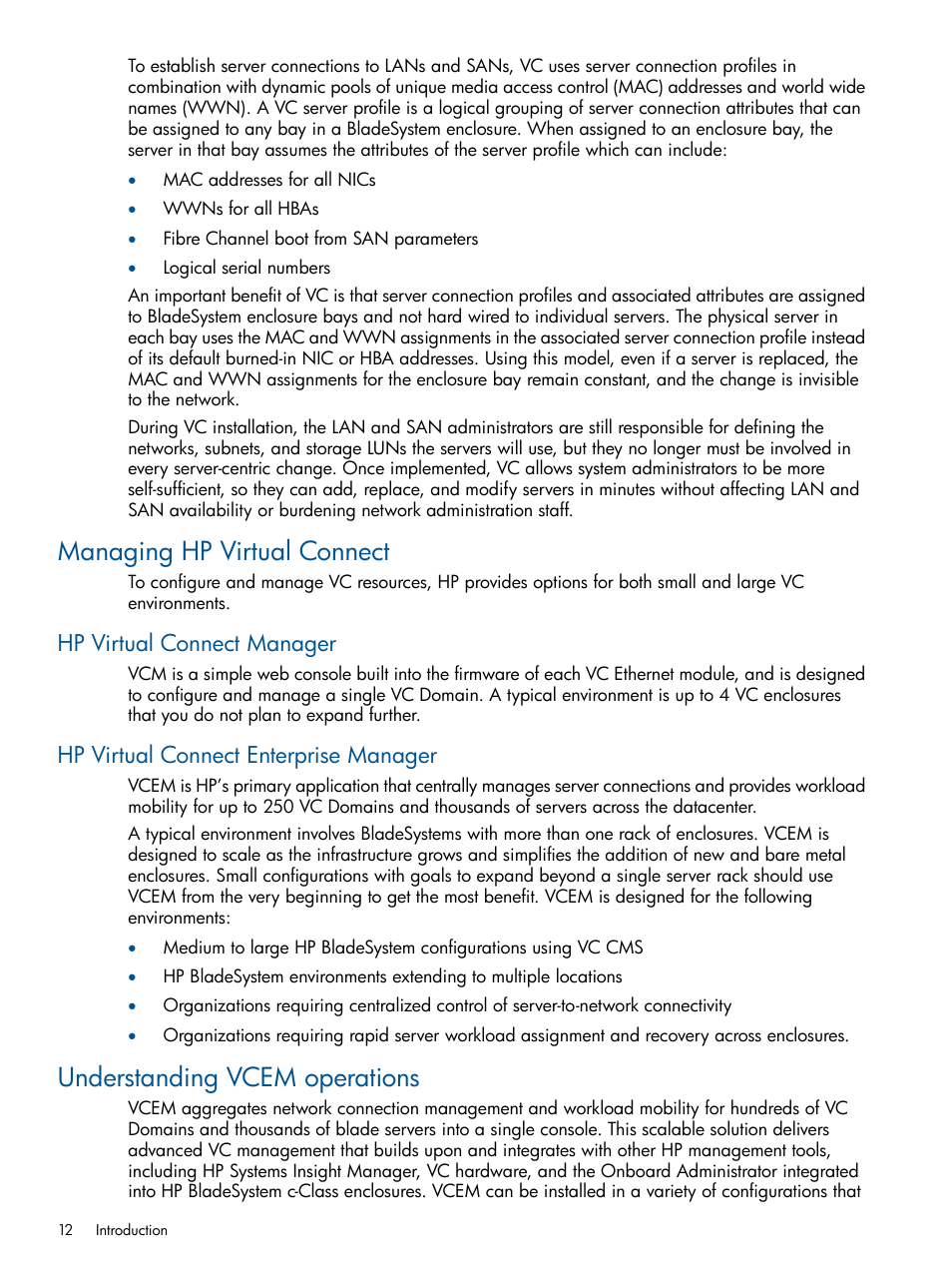 Managing hp virtual connect, Hp virtual connect manager, Hp virtual connect enterprise manager | Understanding vcem operations | HP Virtual Connect Enterprise Manager Software User Manual | Page 12 / 159