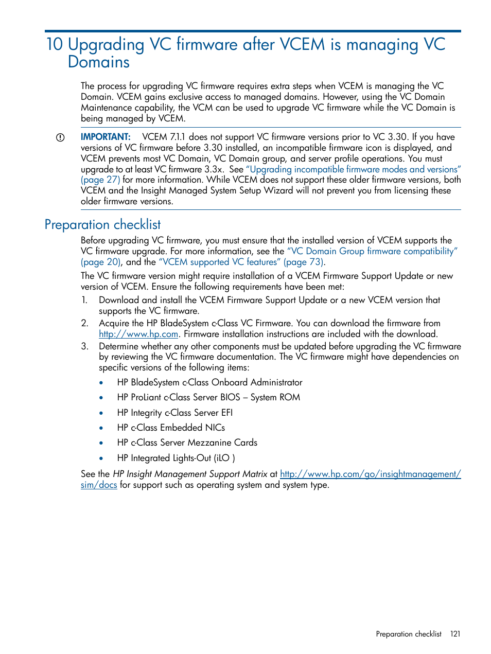 Preparation checklist | HP Virtual Connect Enterprise Manager Software User Manual | Page 121 / 159