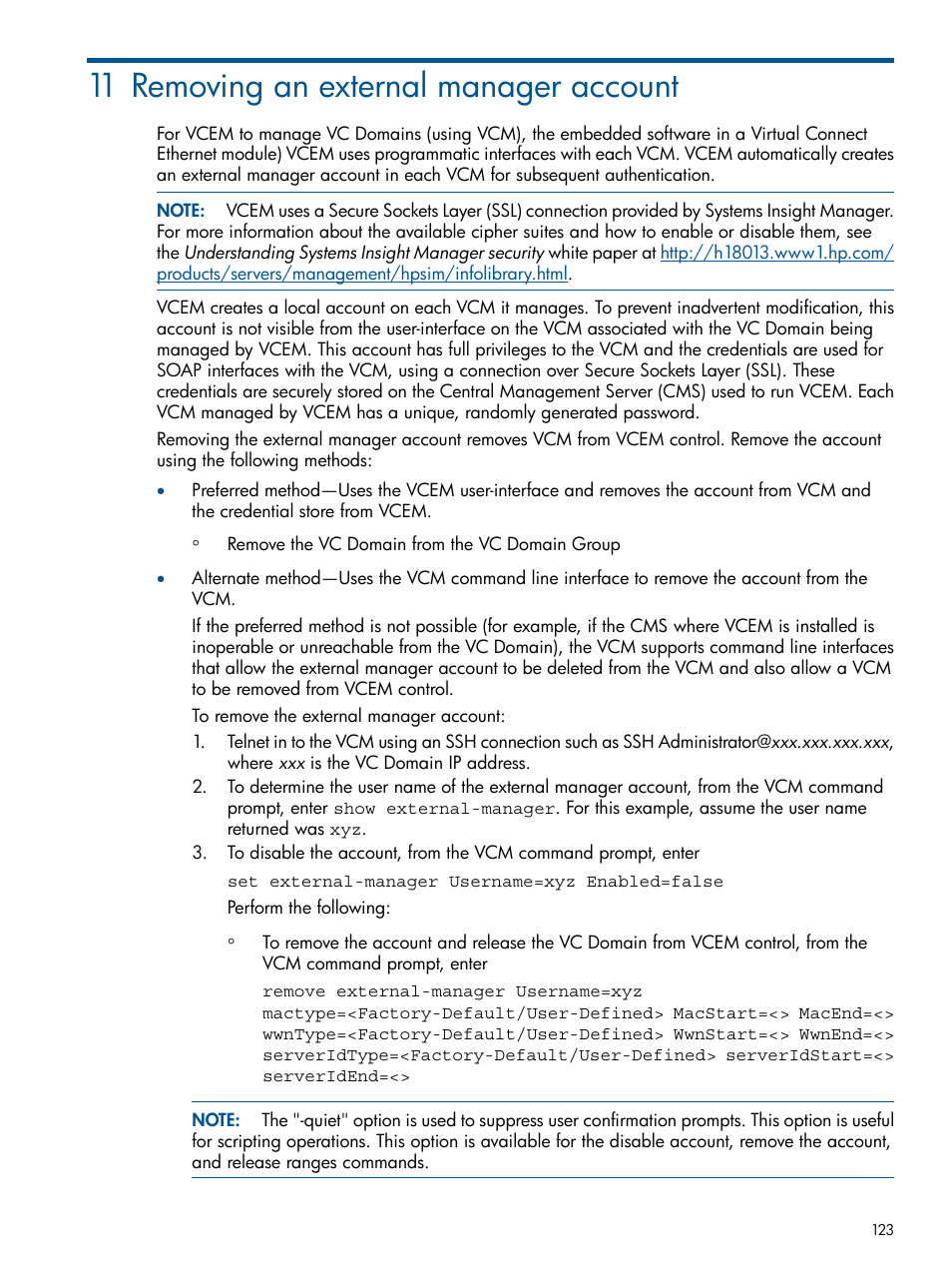 11 removing an external manager account | HP Virtual Connect Enterprise Manager Software User Manual | Page 123 / 159