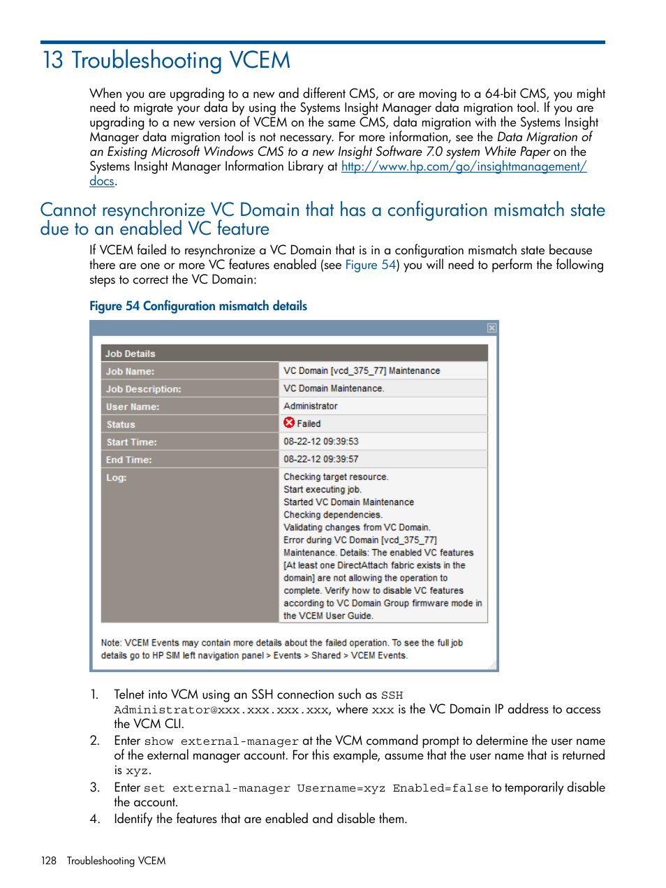 13 troubleshooting vcem | HP Virtual Connect Enterprise Manager Software User Manual | Page 128 / 159