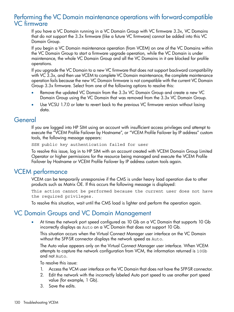 General, Vcem performance, Vc domain groups and vc domain management | HP Virtual Connect Enterprise Manager Software User Manual | Page 130 / 159