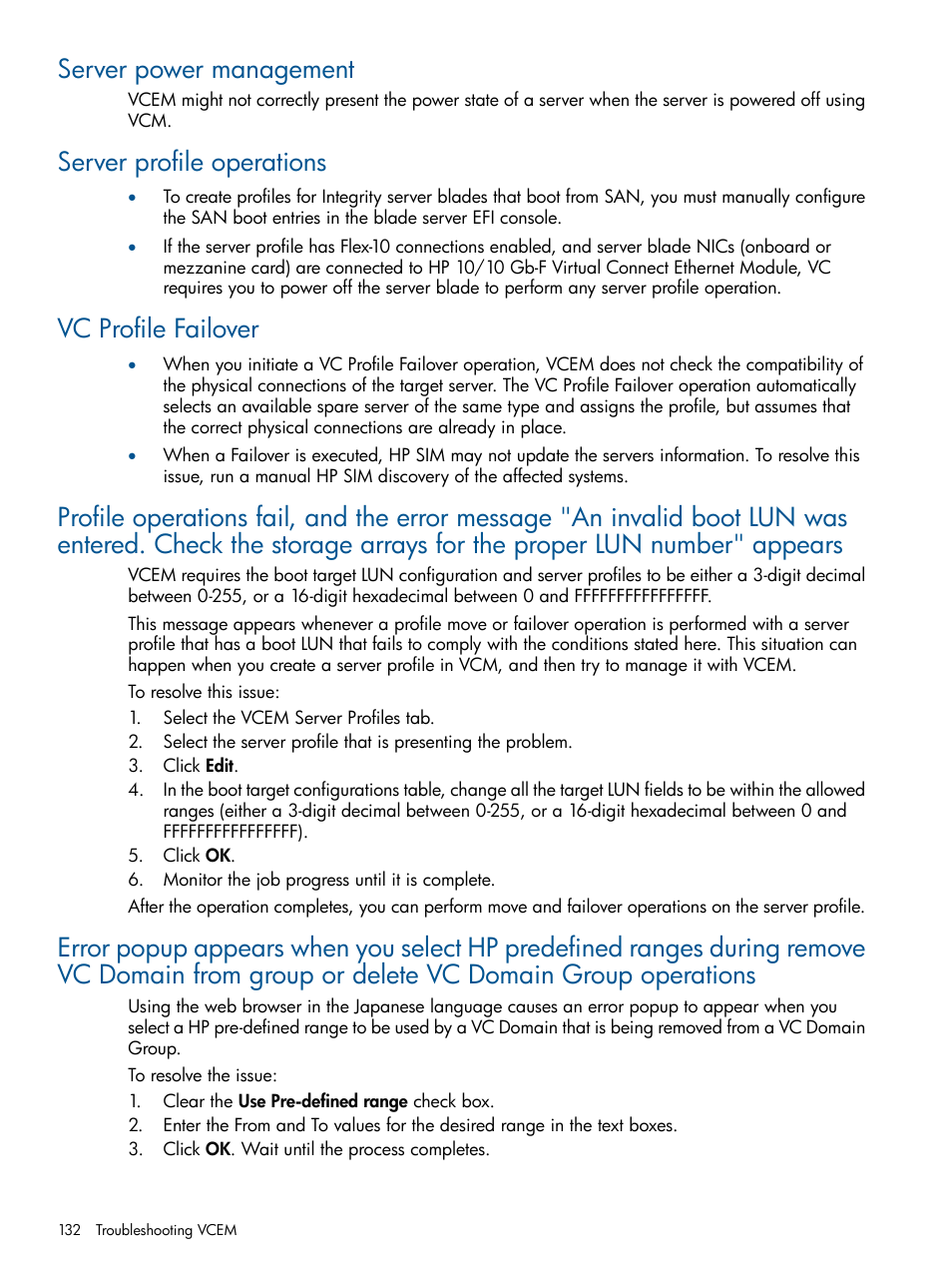 Server power management, Server profile operations, Vc profile failover | HP Virtual Connect Enterprise Manager Software User Manual | Page 132 / 159