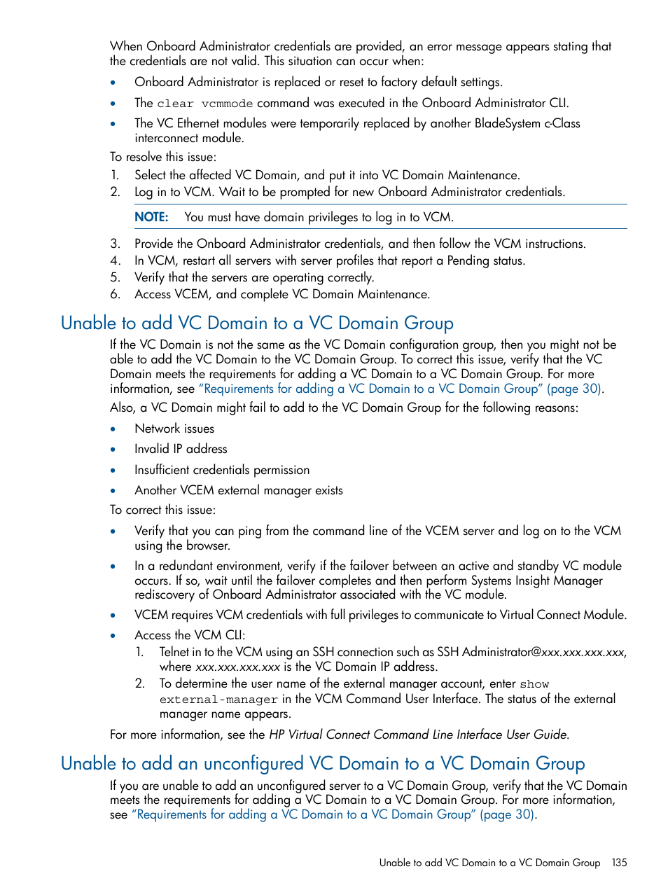 Unable to add vc domain to a vc domain group | HP Virtual Connect Enterprise Manager Software User Manual | Page 135 / 159