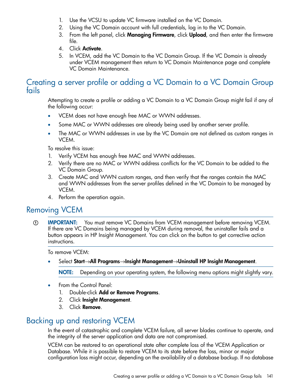 Removing vcem, Backing up and restoring vcem | HP Virtual Connect Enterprise Manager Software User Manual | Page 141 / 159