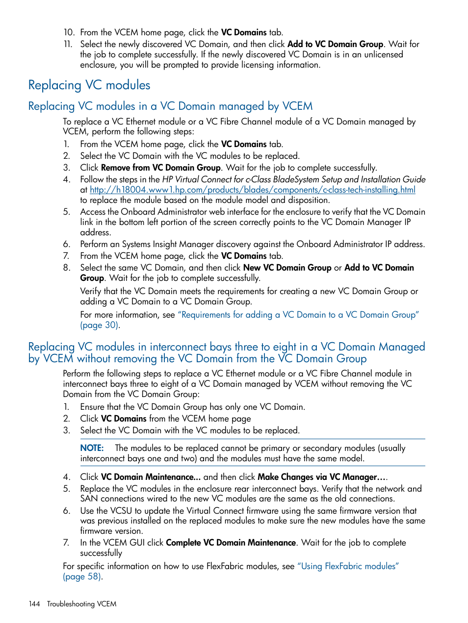 Replacing vc modules | HP Virtual Connect Enterprise Manager Software User Manual | Page 144 / 159