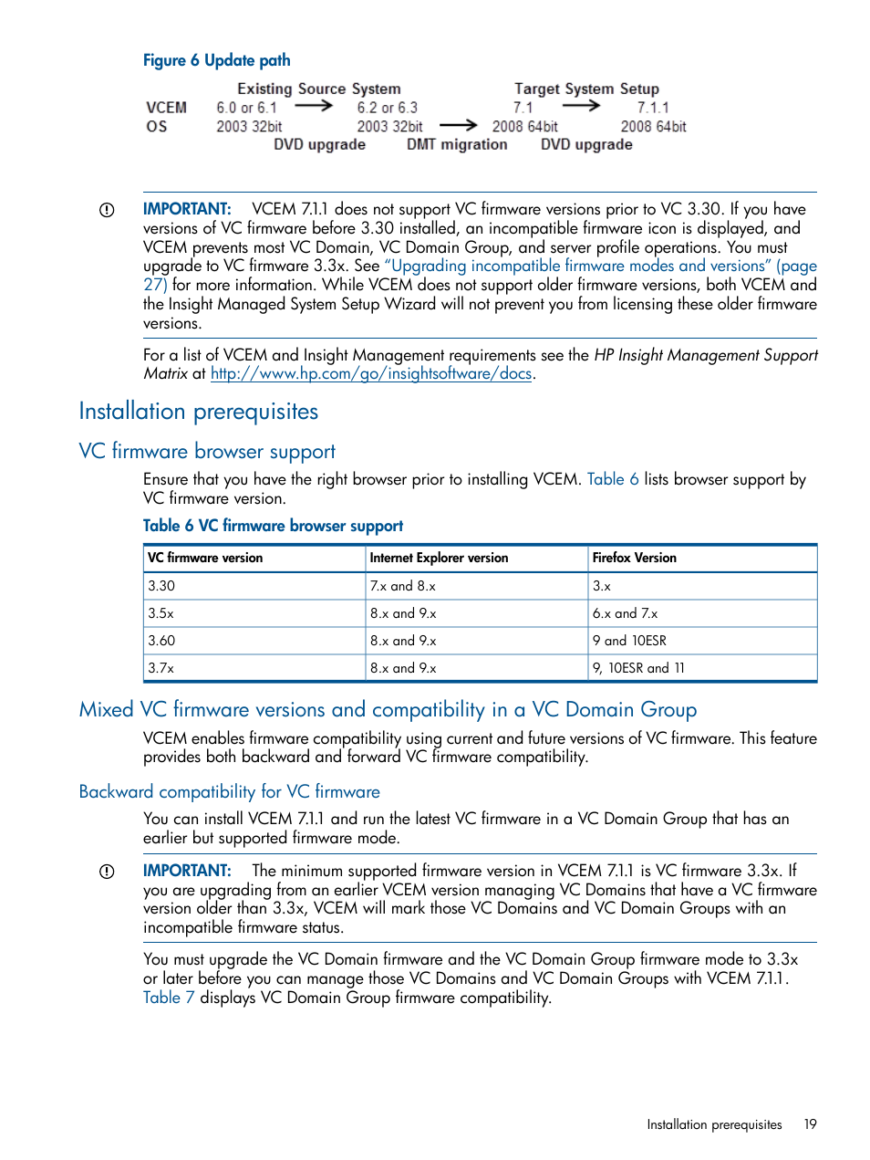 Installation prerequisites, Vc firmware browser support, Backward compatibility for vc firmware | HP Virtual Connect Enterprise Manager Software User Manual | Page 19 / 159