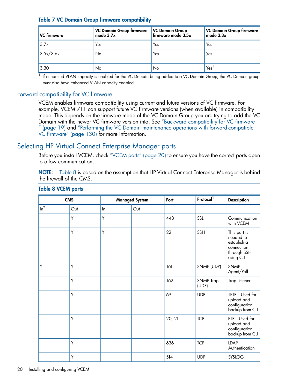 Forward compatibility for vc firmware, Table 7 | HP Virtual Connect Enterprise Manager Software User Manual | Page 20 / 159