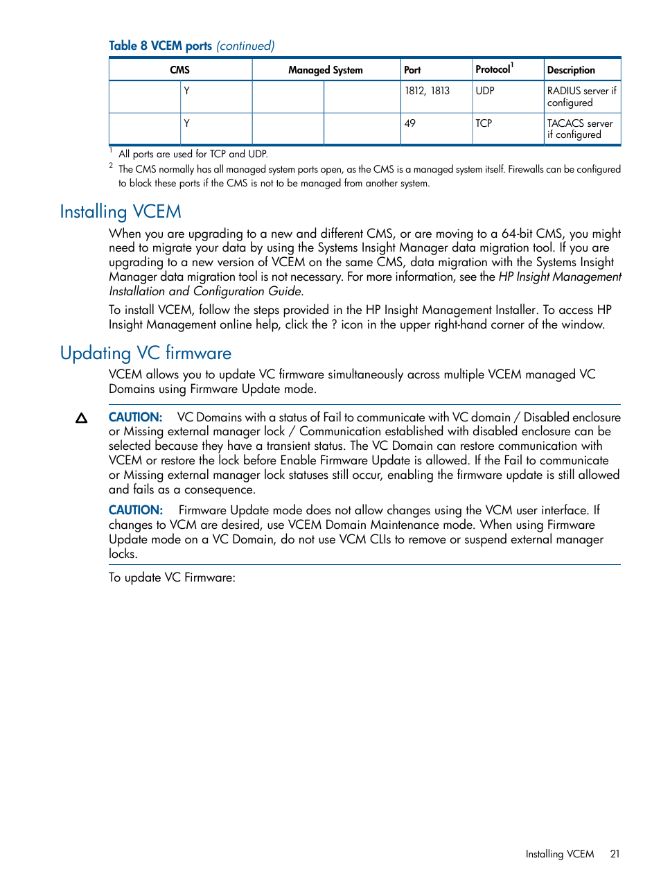 Installing vcem, Updating vc firmware, Installing vcem updating vc firmware | HP Virtual Connect Enterprise Manager Software User Manual | Page 21 / 159