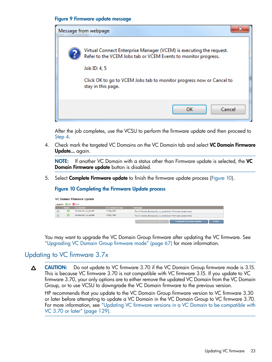 Updating to vc firmware 3.7x | HP Virtual Connect Enterprise Manager Software User Manual | Page 23 / 159