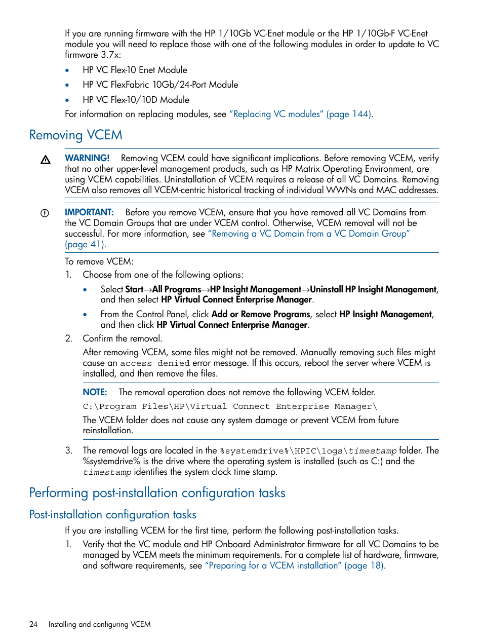 Removing vcem, Performing post-installation configuration tasks, Post-installation configuration tasks | HP Virtual Connect Enterprise Manager Software User Manual | Page 24 / 159