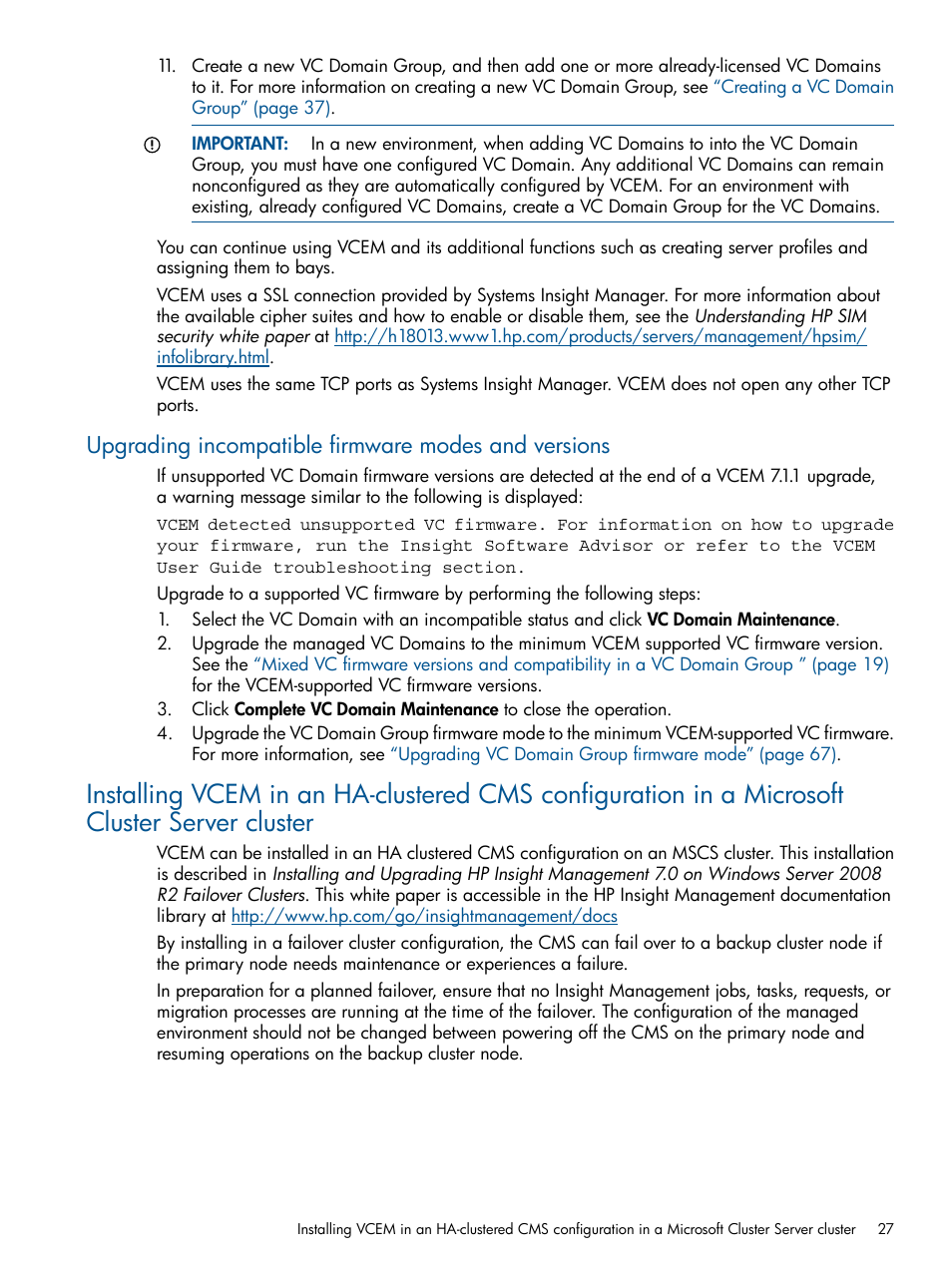 Upgrading incompatible firmware modes and versions | HP Virtual Connect Enterprise Manager Software User Manual | Page 27 / 159