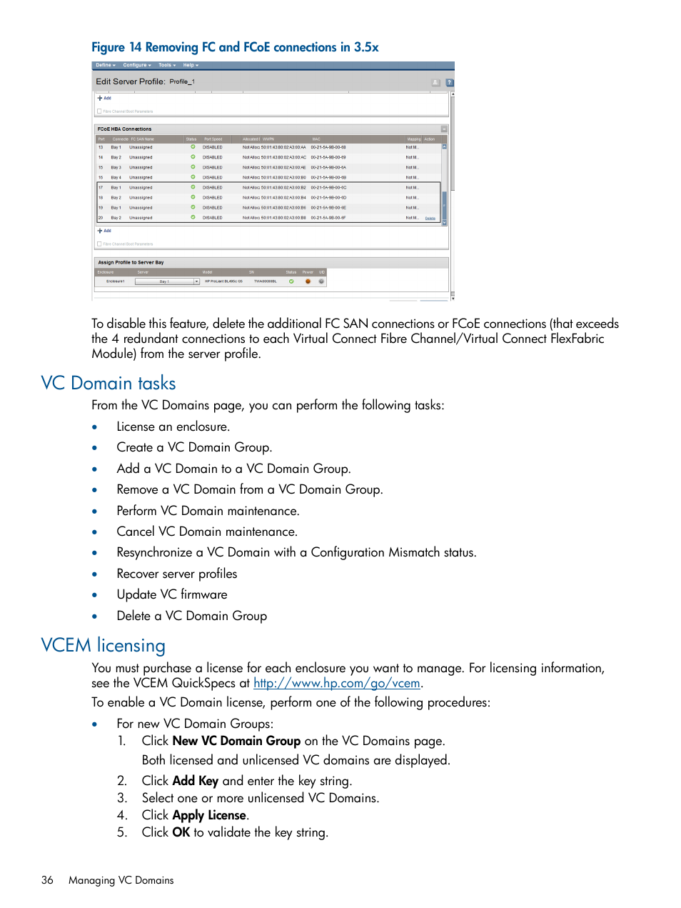 Vc domain tasks, Vcem licensing, Vc domain tasks vcem licensing | HP Virtual Connect Enterprise Manager Software User Manual | Page 36 / 159