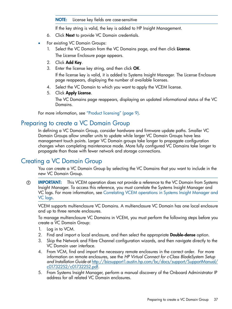 Preparing to create a vc domain group, Creating a vc domain group, Creating a vc domain | HP Virtual Connect Enterprise Manager Software User Manual | Page 37 / 159