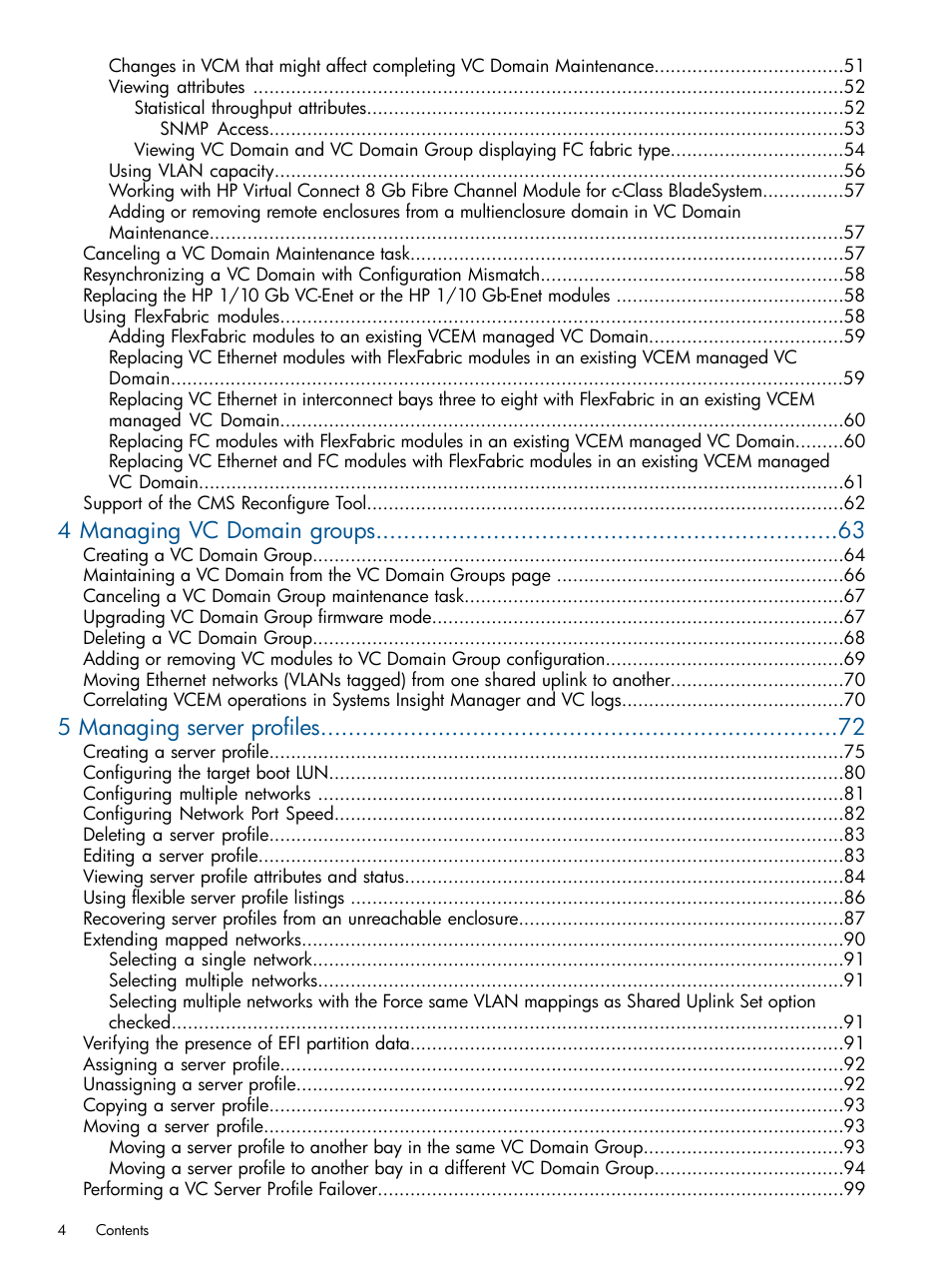 4 managing vc domain groups, 5 managing server profiles | HP Virtual Connect Enterprise Manager Software User Manual | Page 4 / 159