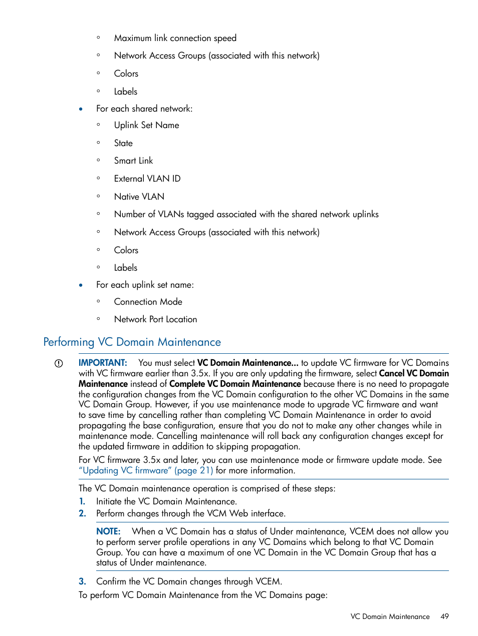 Performing vc domain maintenance | HP Virtual Connect Enterprise Manager Software User Manual | Page 49 / 159