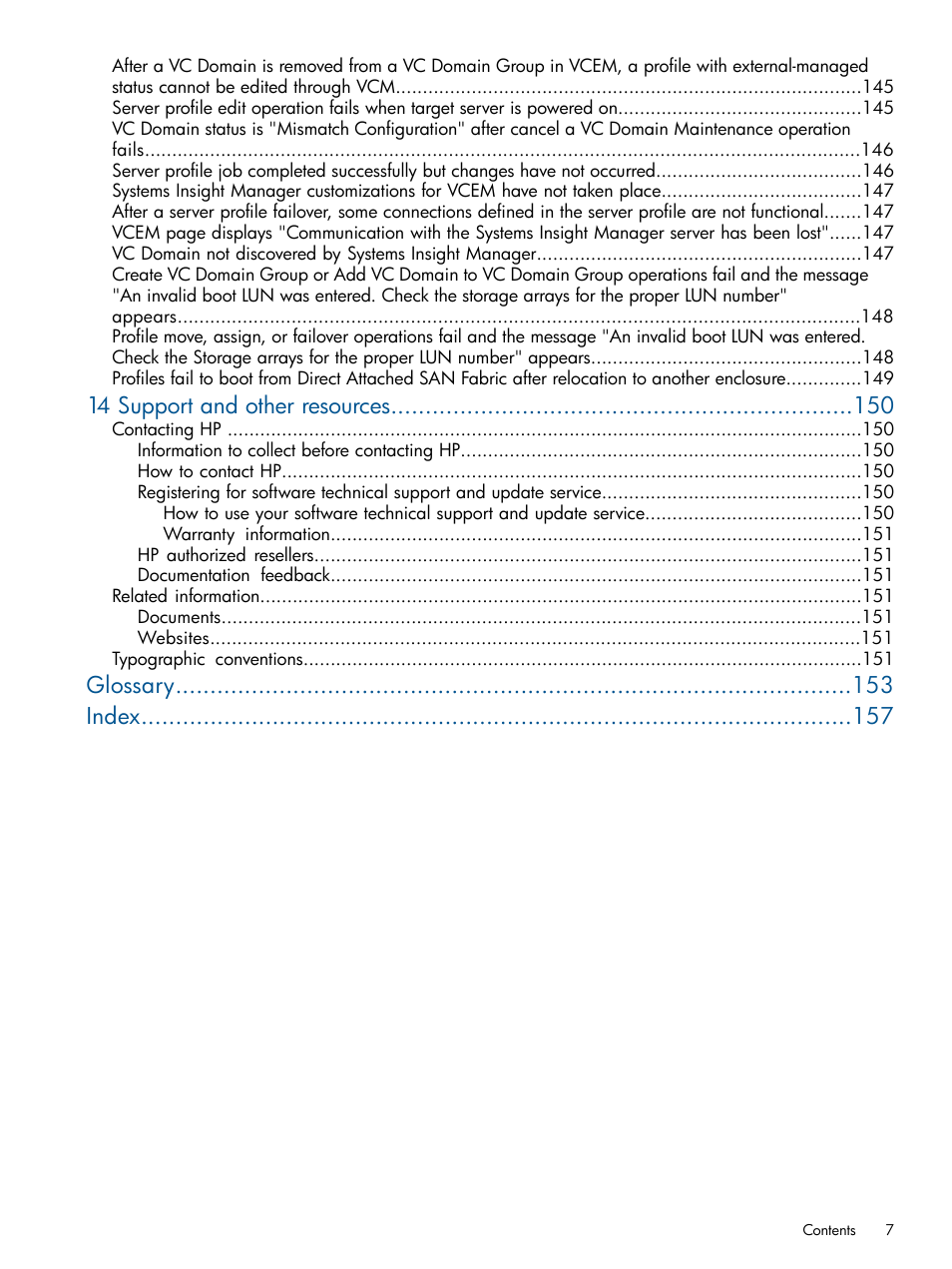 14 support and other resources, Glossary index | HP Virtual Connect Enterprise Manager Software User Manual | Page 7 / 159