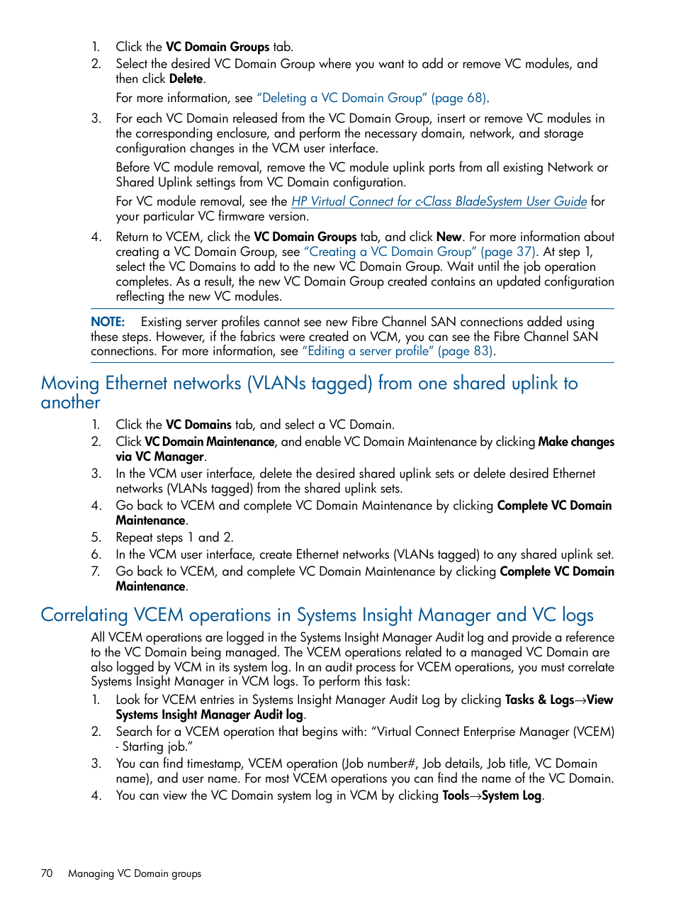 Vc logs | HP Virtual Connect Enterprise Manager Software User Manual | Page 70 / 159