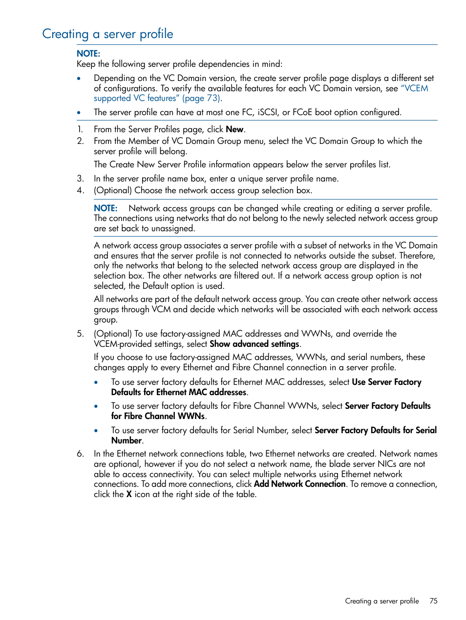 Creating a server profile | HP Virtual Connect Enterprise Manager Software User Manual | Page 75 / 159