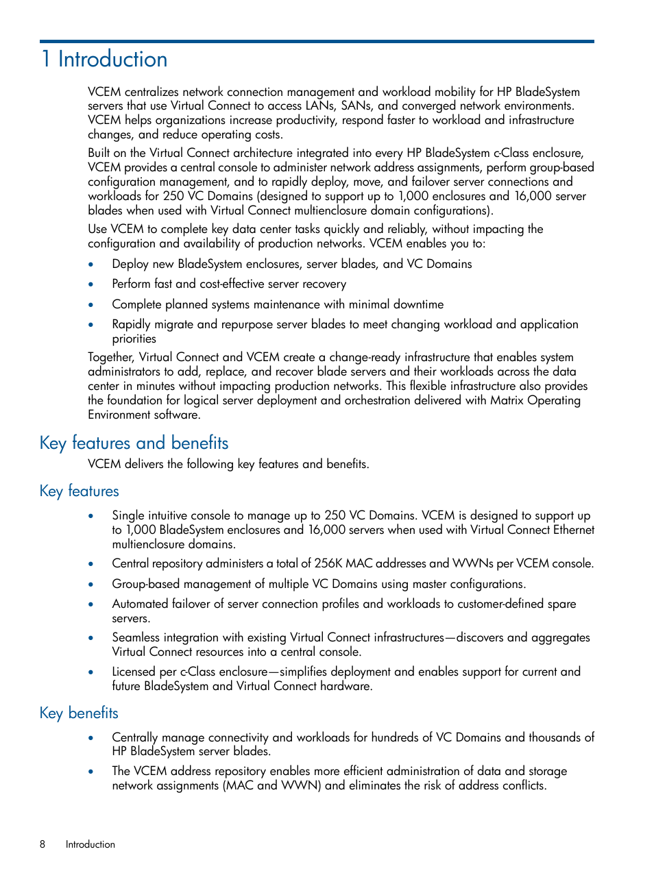 1 introduction, Key features and benefits, Key features | Key benefits, Key features key benefits | HP Virtual Connect Enterprise Manager Software User Manual | Page 8 / 159