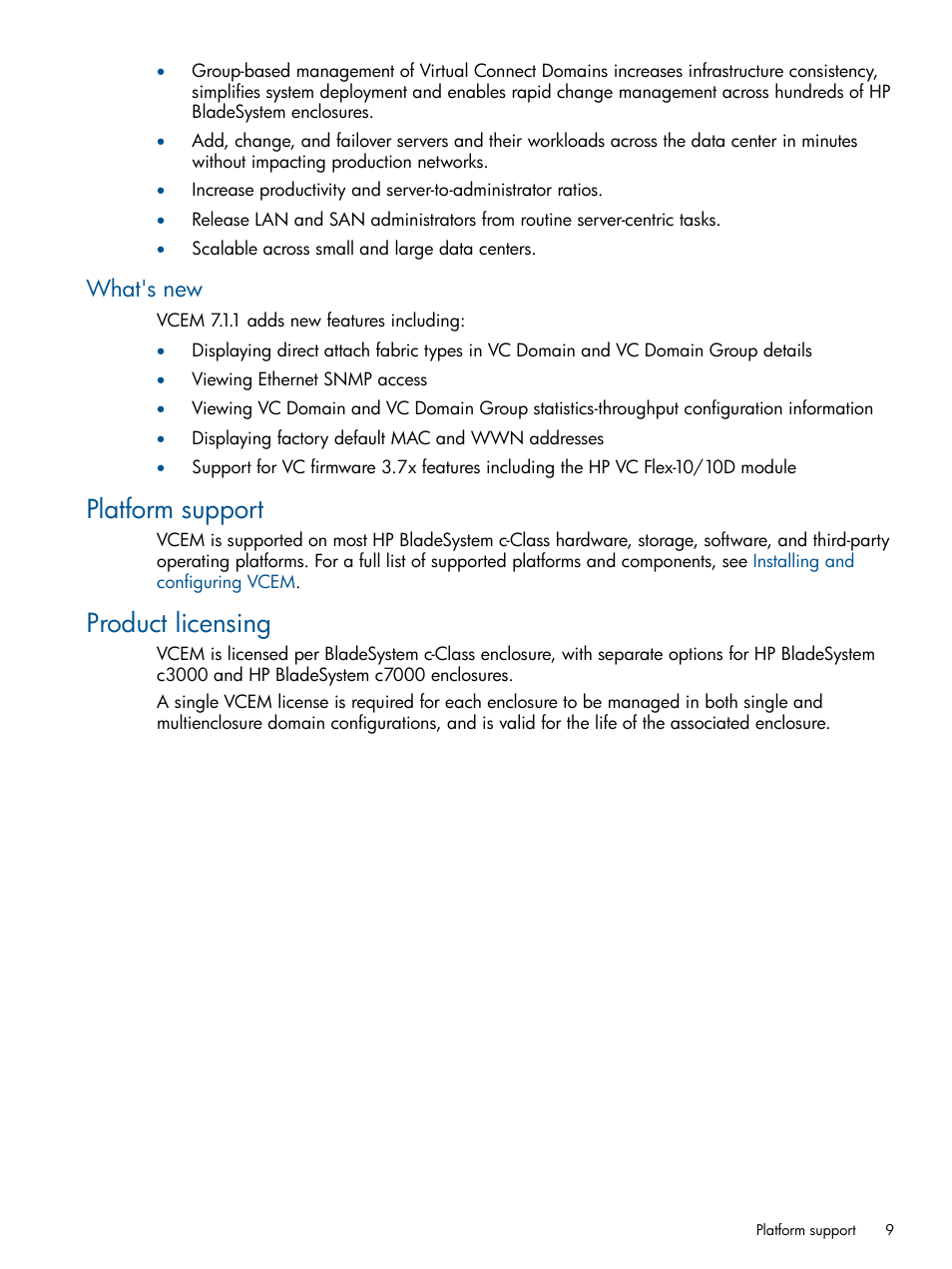 What's new, Platform support, Product licensing | Platform support product licensing | HP Virtual Connect Enterprise Manager Software User Manual | Page 9 / 159