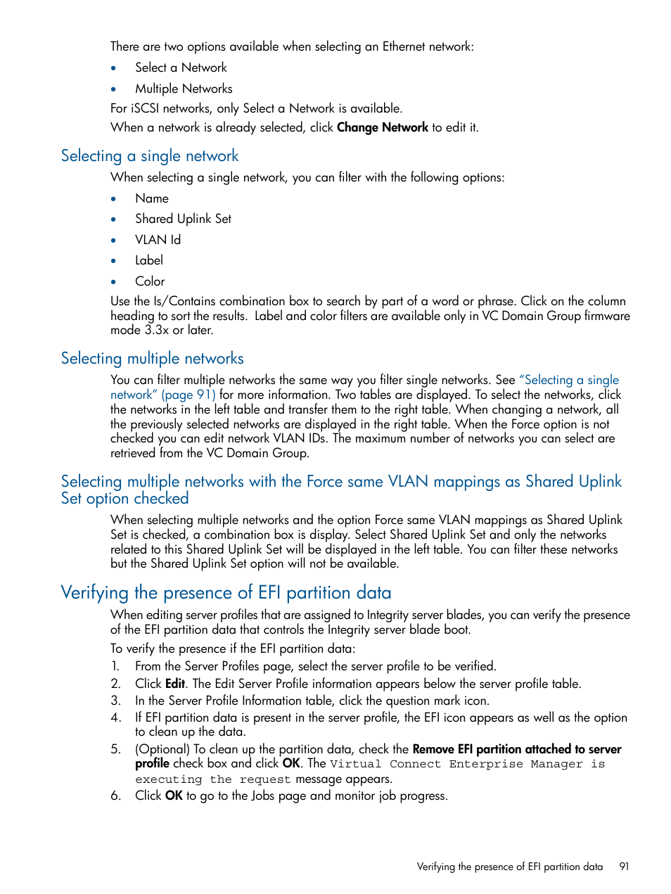 Selecting a single network, Selecting multiple networks, Verifying the presence of efi partition data | HP Virtual Connect Enterprise Manager Software User Manual | Page 91 / 159