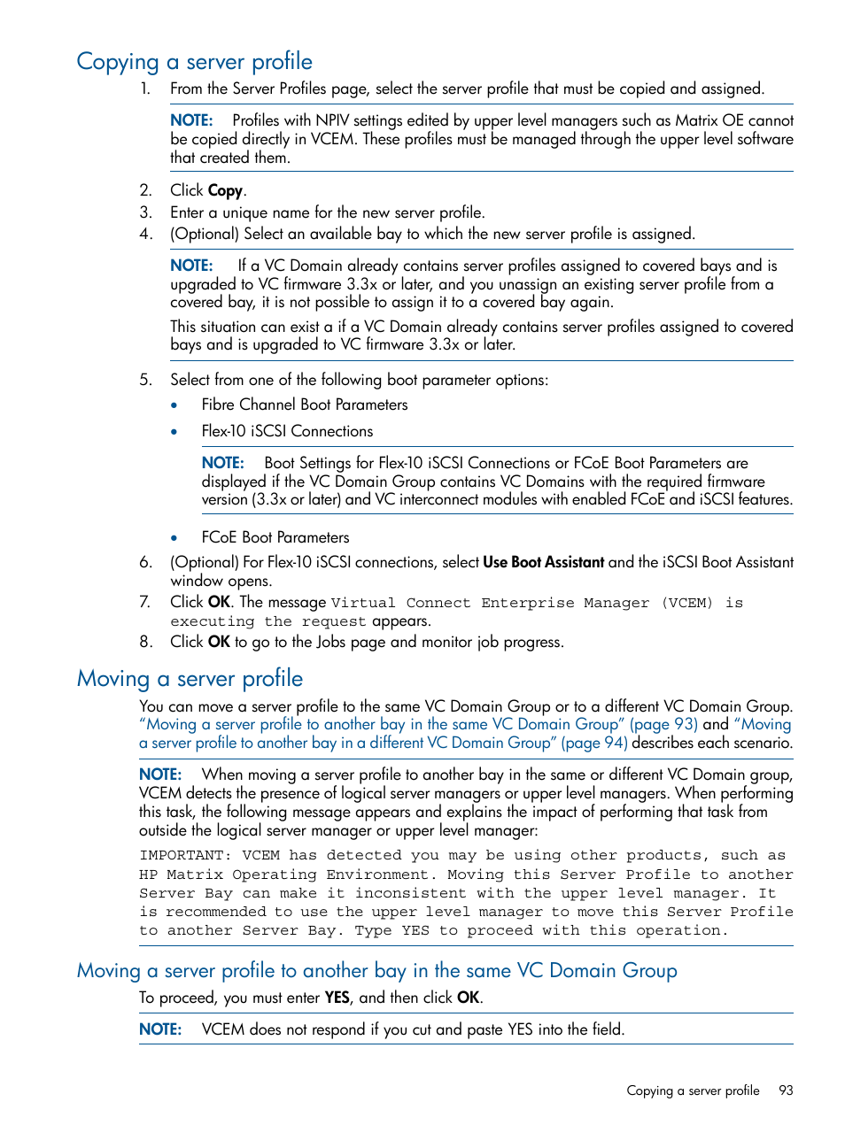 Copying a server profile, Moving a server profile, Copying a server profile moving a server profile | HP Virtual Connect Enterprise Manager Software User Manual | Page 93 / 159