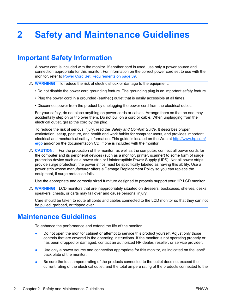 Safety and maintenance guidelines, Important safety information, Maintenance guidelines | 2 safety and maintenance guidelines, 2safety and maintenance guidelines | HP 2310t 23-inch Diagonal LCD Monitor User Manual | Page 10 / 50