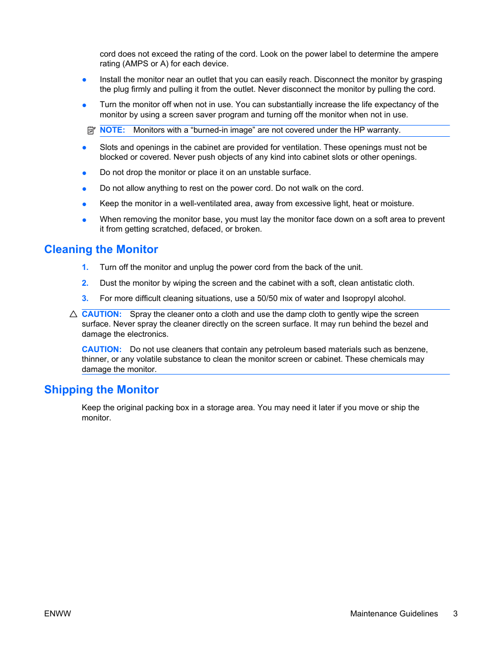 Cleaning the monitor, Shipping the monitor, Cleaning the monitor shipping the monitor | HP 2310t 23-inch Diagonal LCD Monitor User Manual | Page 11 / 50