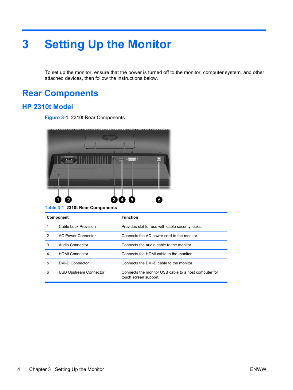 Setting up the monitor, Rear components, Hp 2310t model | 3 setting up the monitor, 3setting up the monitor | HP 2310t 23-inch Diagonal LCD Monitor User Manual | Page 12 / 50