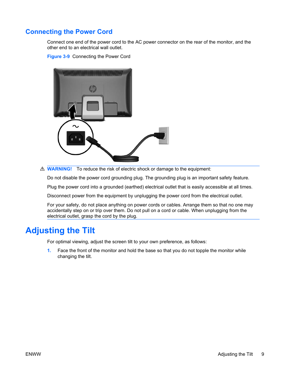 Connecting the power cord, Adjusting the tilt | HP 2310t 23-inch Diagonal LCD Monitor User Manual | Page 17 / 50