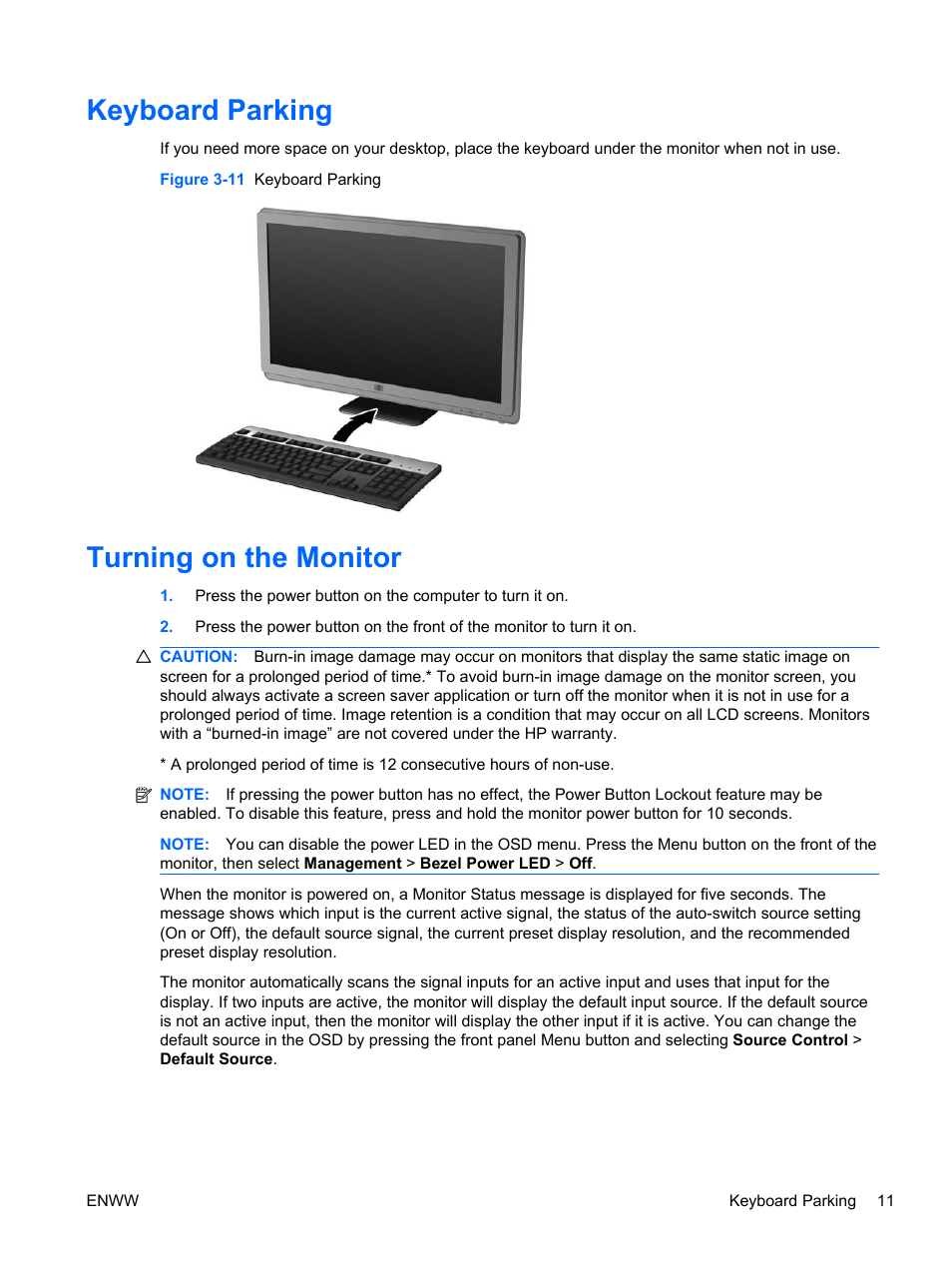 Keyboard parking, Turning on the monitor, Keyboard parking turning on the monitor | HP 2310t 23-inch Diagonal LCD Monitor User Manual | Page 19 / 50