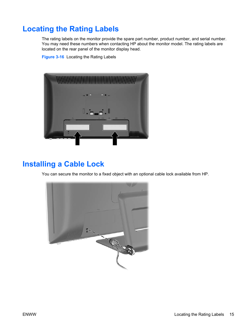 Locating the rating labels, Installing a cable lock, Locating the rating labels installing a cable lock | HP 2310t 23-inch Diagonal LCD Monitor User Manual | Page 23 / 50