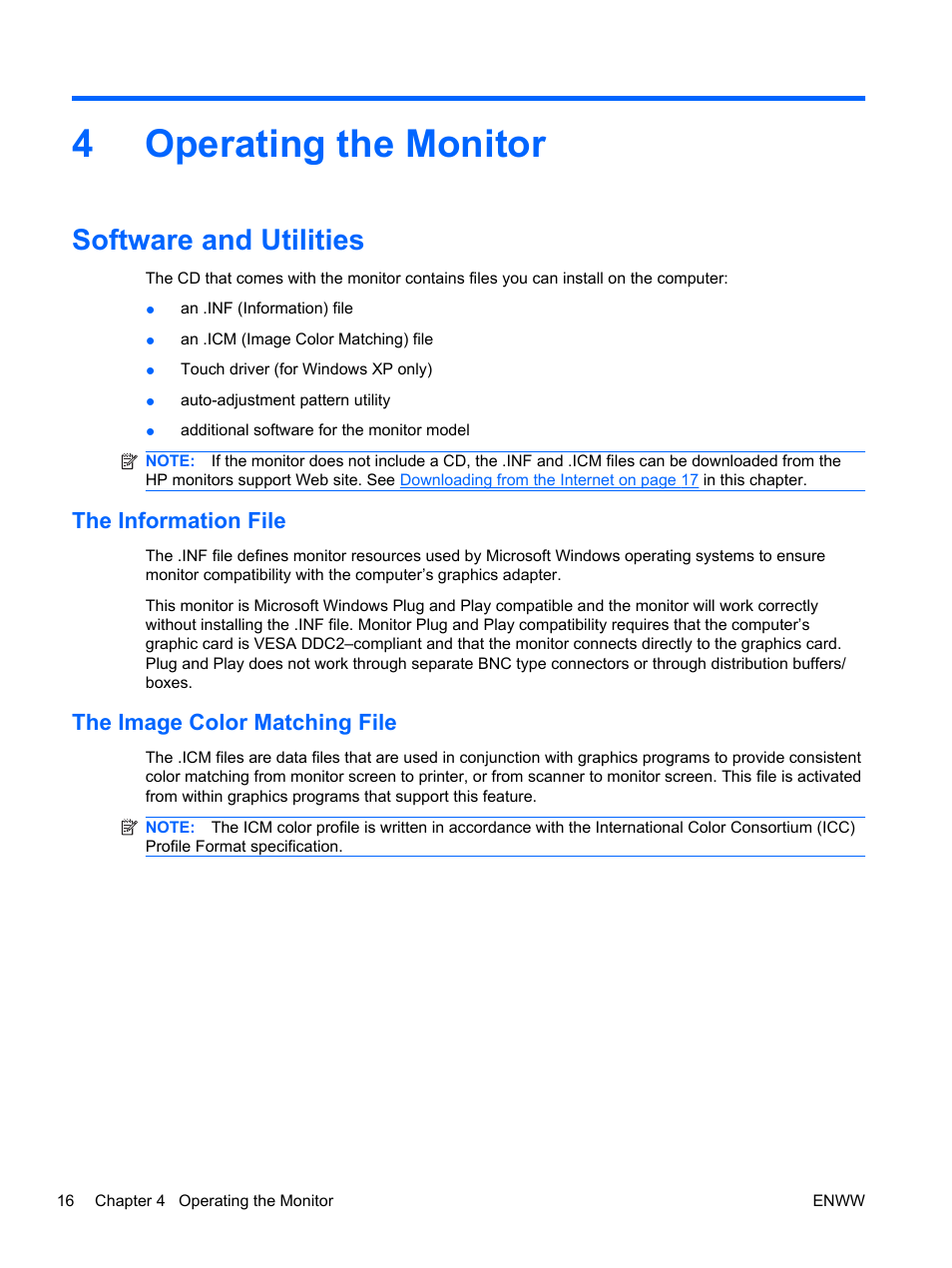 Operating the monitor, Software and utilities, The information file | The image color matching file, 4 operating the monitor, The information file the image color matching file, 4operating the monitor | HP 2310t 23-inch Diagonal LCD Monitor User Manual | Page 24 / 50