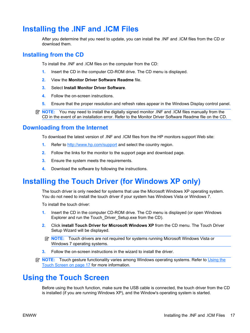 Installing the .inf and .icm files, Installing from the cd, Downloading from the internet | Installing the touch driver (for windows xp only), Using the touch screen | HP 2310t 23-inch Diagonal LCD Monitor User Manual | Page 25 / 50