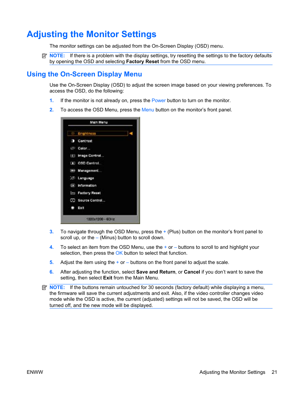 Adjusting the monitor settings, Using the on-screen display menu | HP 2310t 23-inch Diagonal LCD Monitor User Manual | Page 29 / 50