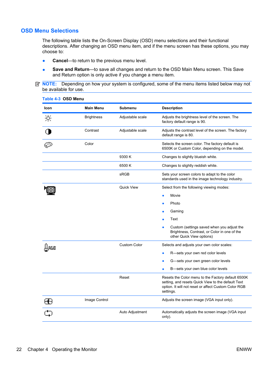 Osd menu selections | HP 2310t 23-inch Diagonal LCD Monitor User Manual | Page 30 / 50