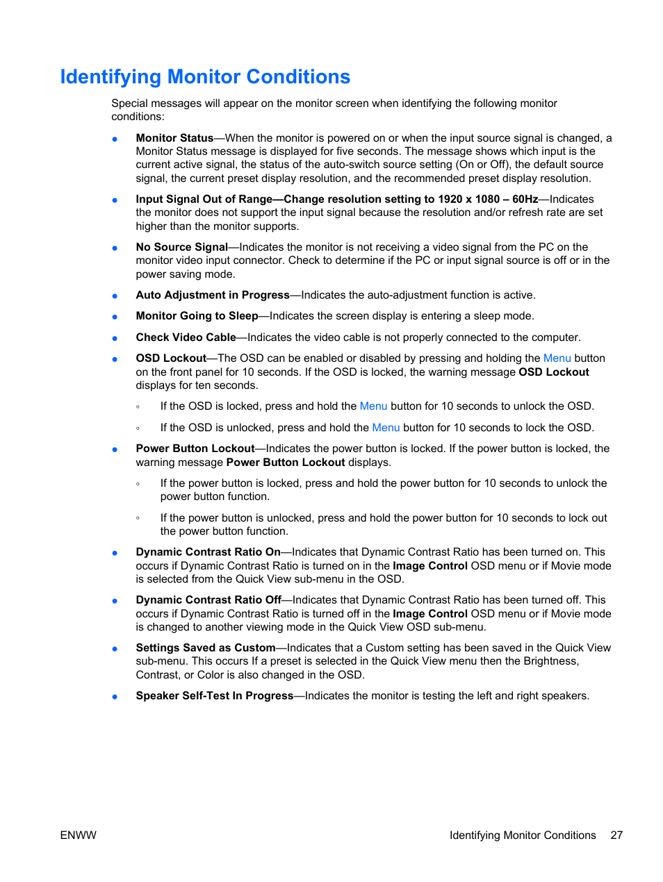 Identifying monitor conditions | HP 2310t 23-inch Diagonal LCD Monitor User Manual | Page 35 / 50