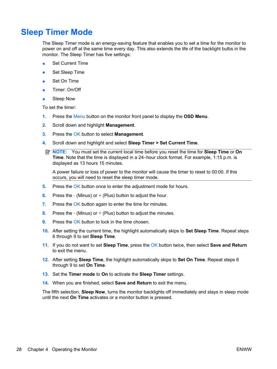 Sleep timer mode | HP 2310t 23-inch Diagonal LCD Monitor User Manual | Page 36 / 50
