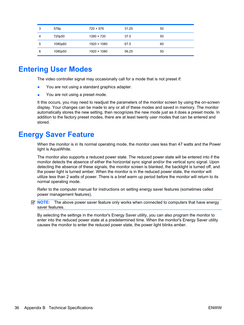 Entering user modes, Energy saver feature, Entering user modes energy saver feature | HP 2310t 23-inch Diagonal LCD Monitor User Manual | Page 44 / 50
