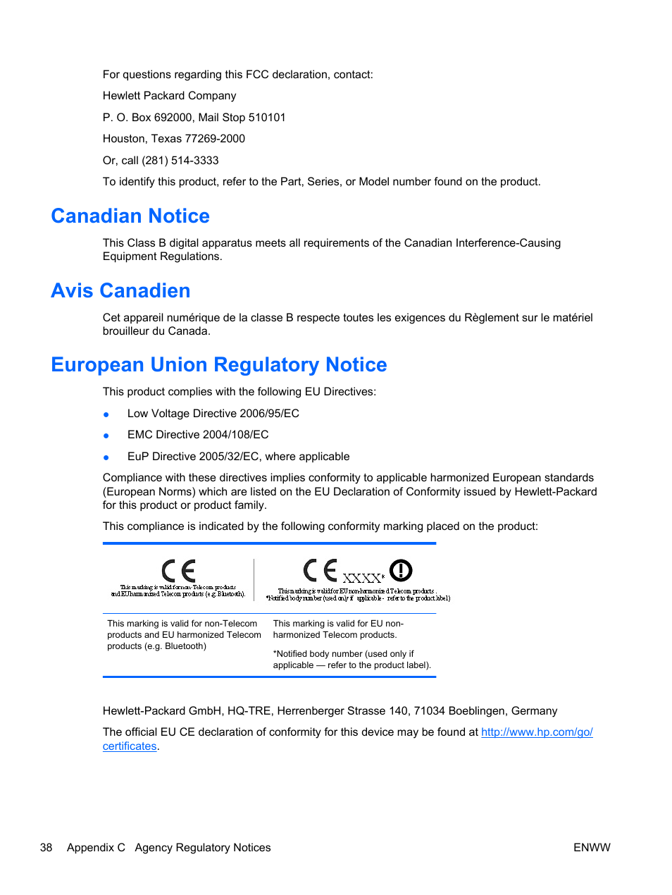 Canadian notice, Avis canadien, European union regulatory notice | HP 2310t 23-inch Diagonal LCD Monitor User Manual | Page 46 / 50