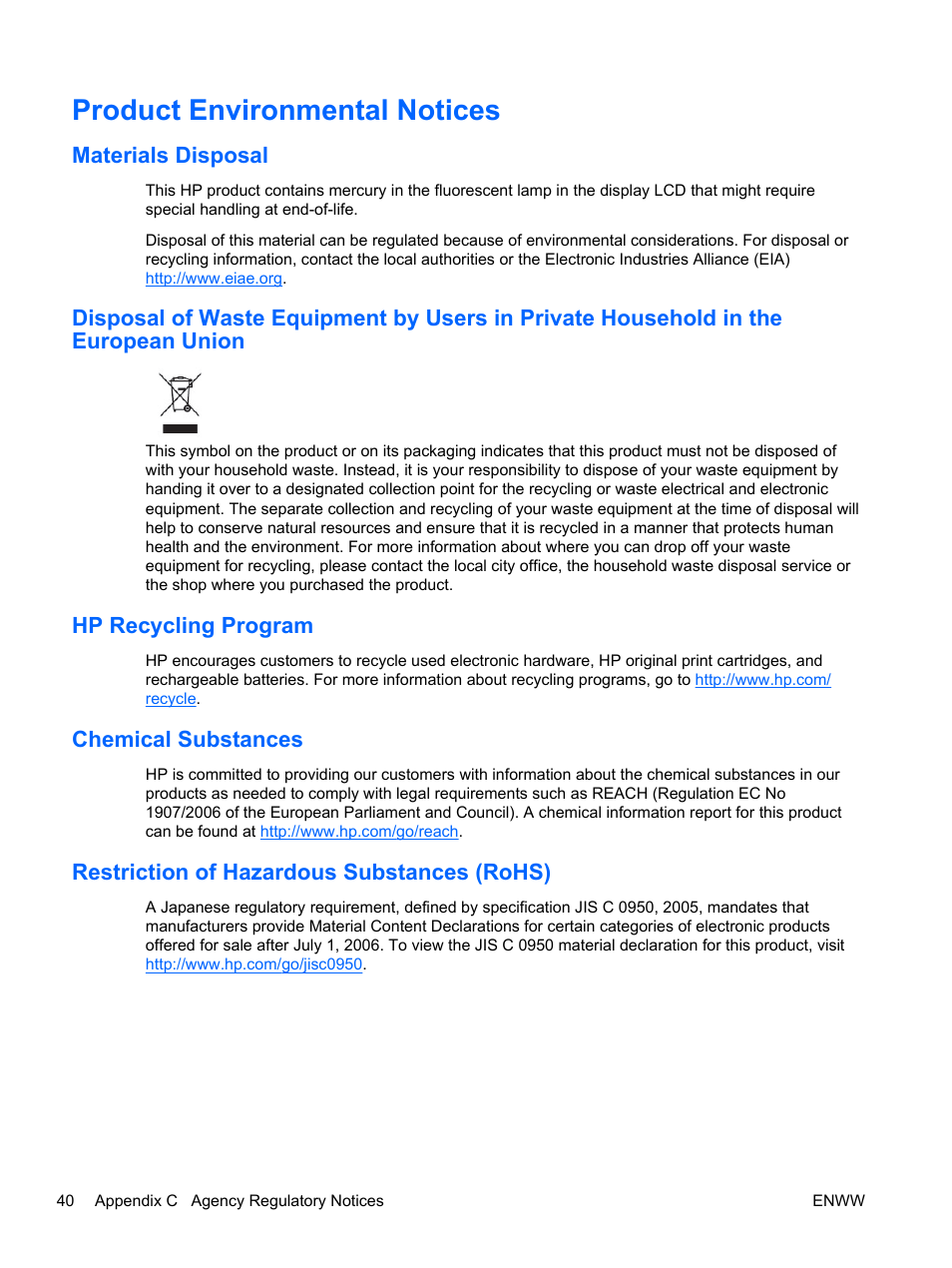 Product environmental notices, Materials disposal, Hp recycling program | Chemical substances, Restriction of hazardous substances (rohs) | HP 2310t 23-inch Diagonal LCD Monitor User Manual | Page 48 / 50