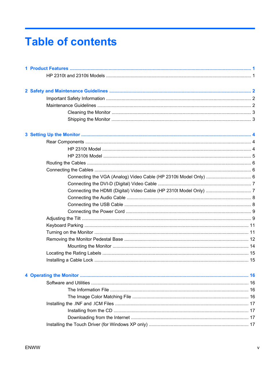 HP 2310t 23-inch Diagonal LCD Monitor User Manual | Page 5 / 50