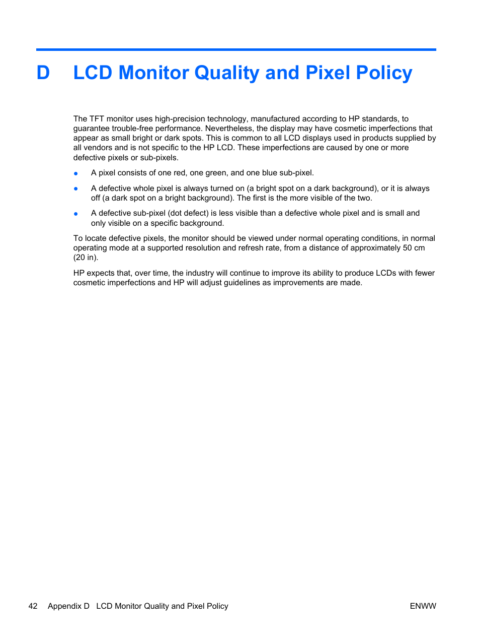 Lcd monitor quality and pixel policy, Dlcd monitor quality and pixel policy | HP 2310t 23-inch Diagonal LCD Monitor User Manual | Page 50 / 50