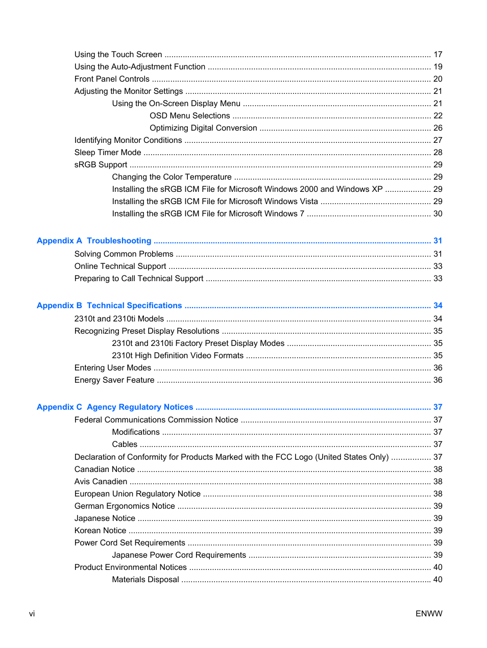 HP 2310t 23-inch Diagonal LCD Monitor User Manual | Page 6 / 50