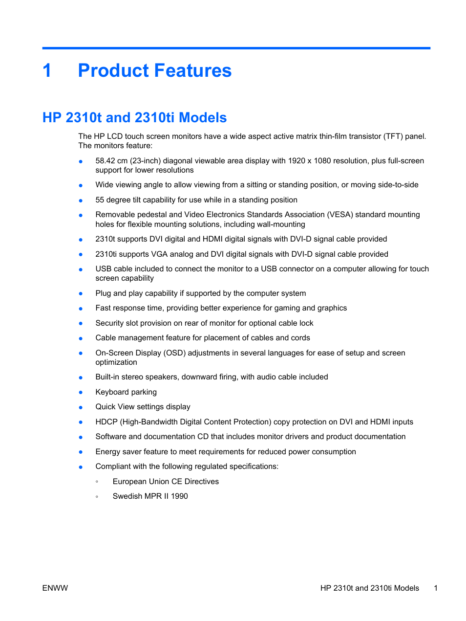 Product features, Hp 2310t and 2310ti models, 1 product features | 1product features | HP 2310t 23-inch Diagonal LCD Monitor User Manual | Page 9 / 50