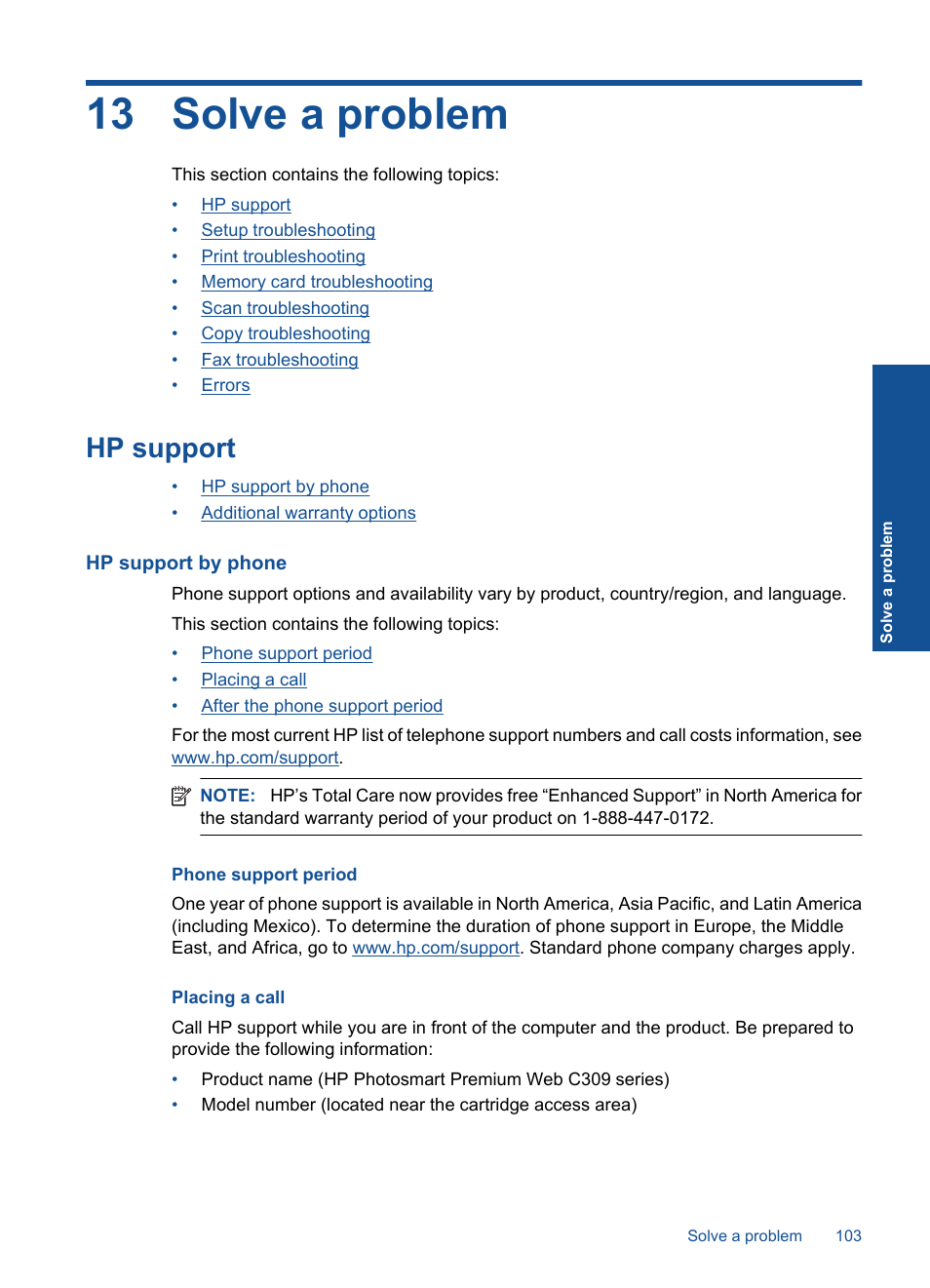 Solve a problem, Hp support, Hp support by phone | Phone support period, Placing a call, 13 solve a problem | HP Photosmart Premium TouchSmart Web C309 User Manual | Page 106 / 209