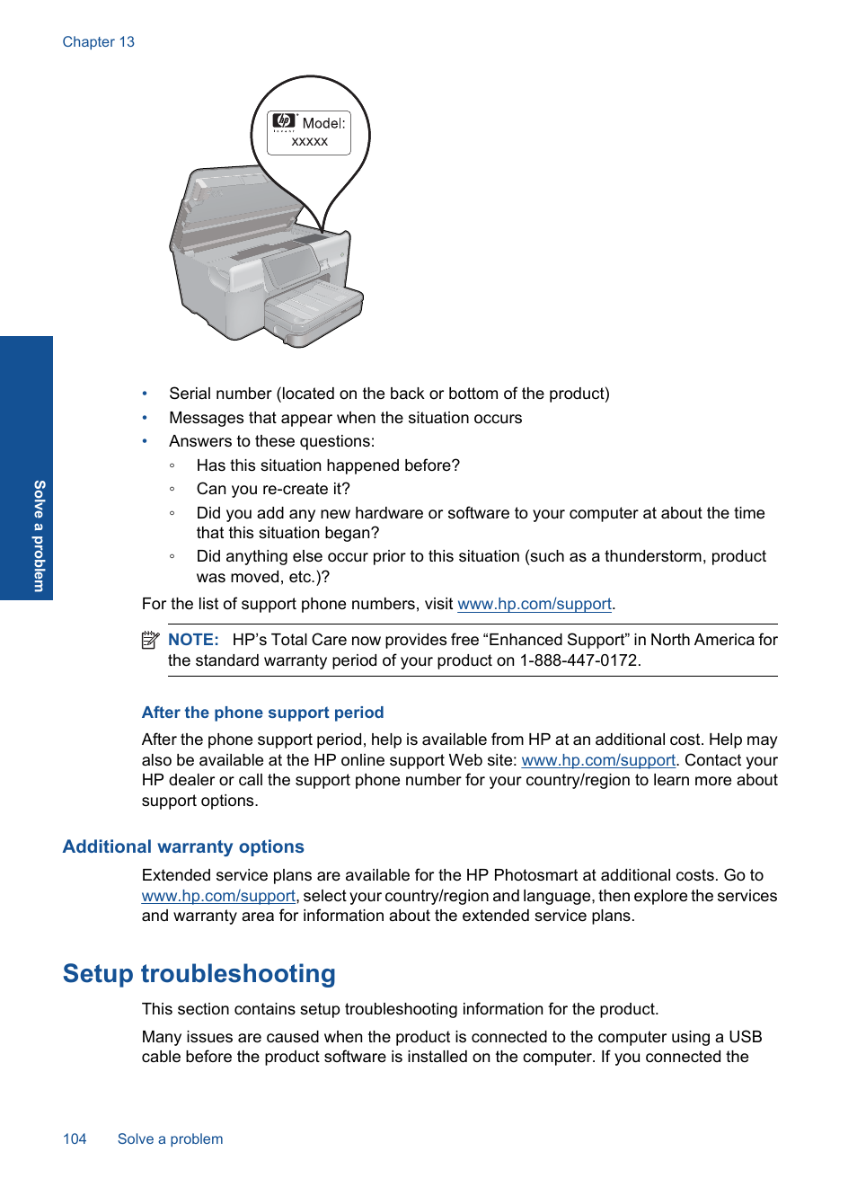 After the phone support period, Additional warranty options, Setup troubleshooting | HP Photosmart Premium TouchSmart Web C309 User Manual | Page 107 / 209