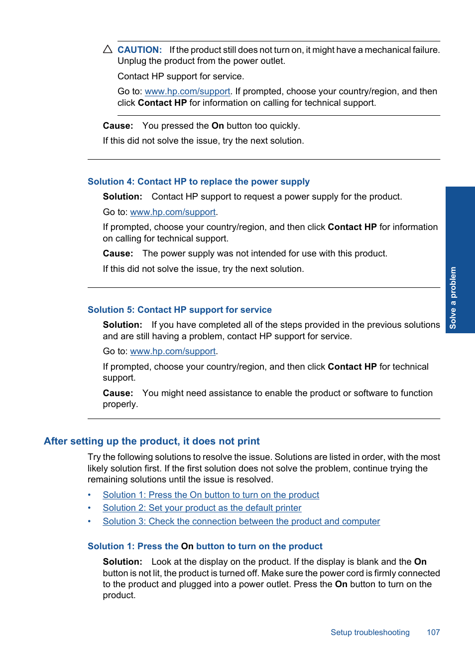 After setting up the product, it does not print, Solution 4: contact hp to replace the power supply, Solution 5: contact hp support for service | HP Photosmart Premium TouchSmart Web C309 User Manual | Page 110 / 209